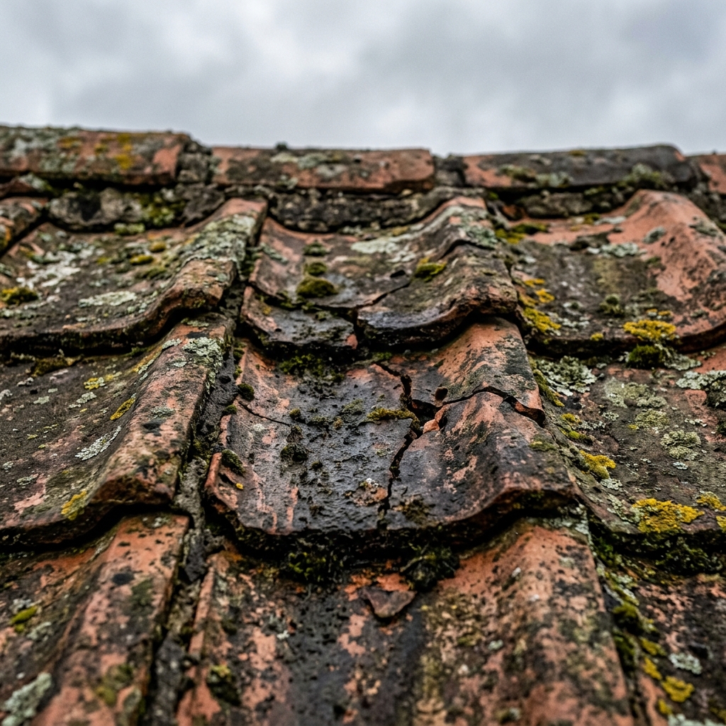 Illustration of a tiled roof before restoration
